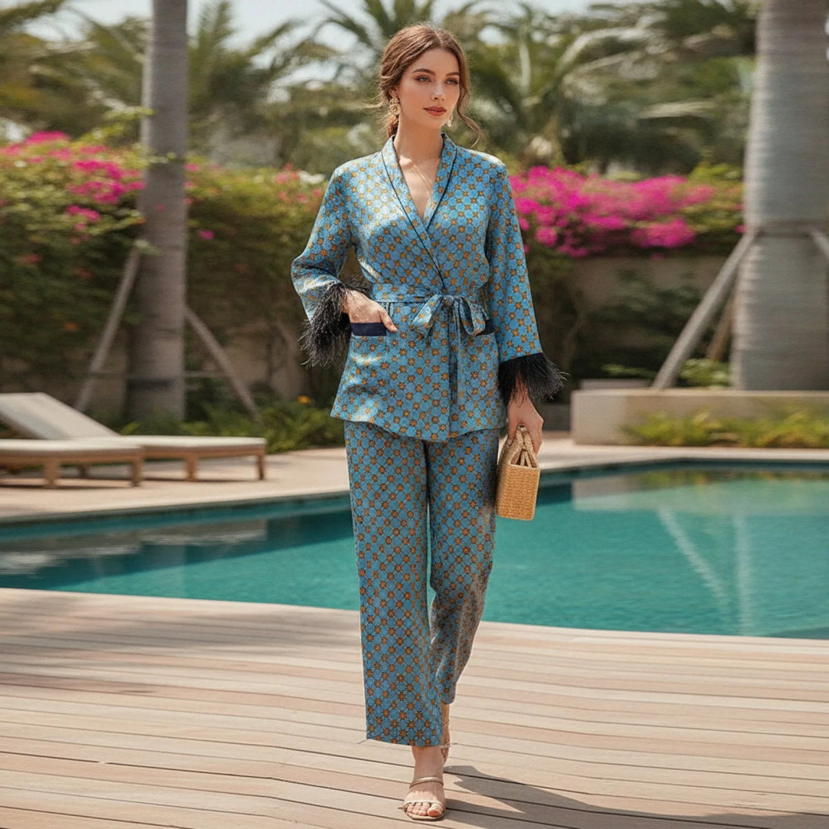 Ensemble Kimono Floral Bleu & Pantalon Large Vintage