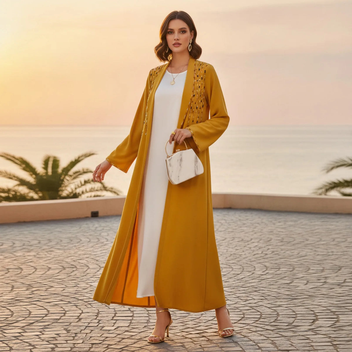 Abaya Kimono Dubaï Perlée et Strassée Jaune