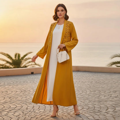 Abaya Kimono Dubaï Perlée et Strassée Jaune
