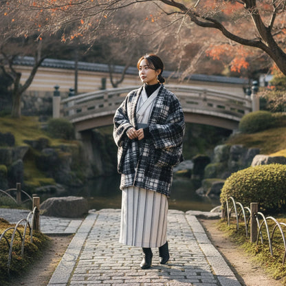 Kimono Haori Hiver Carreaux Fausse Fourrure