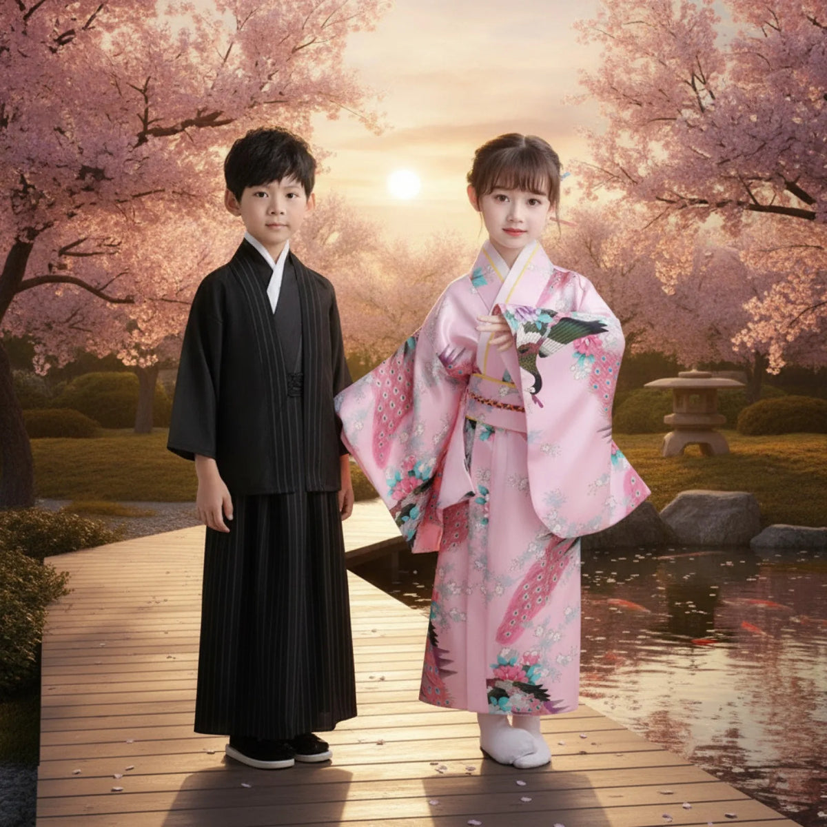 Kimono Enfant Motif Paon Traditionnel Japonais