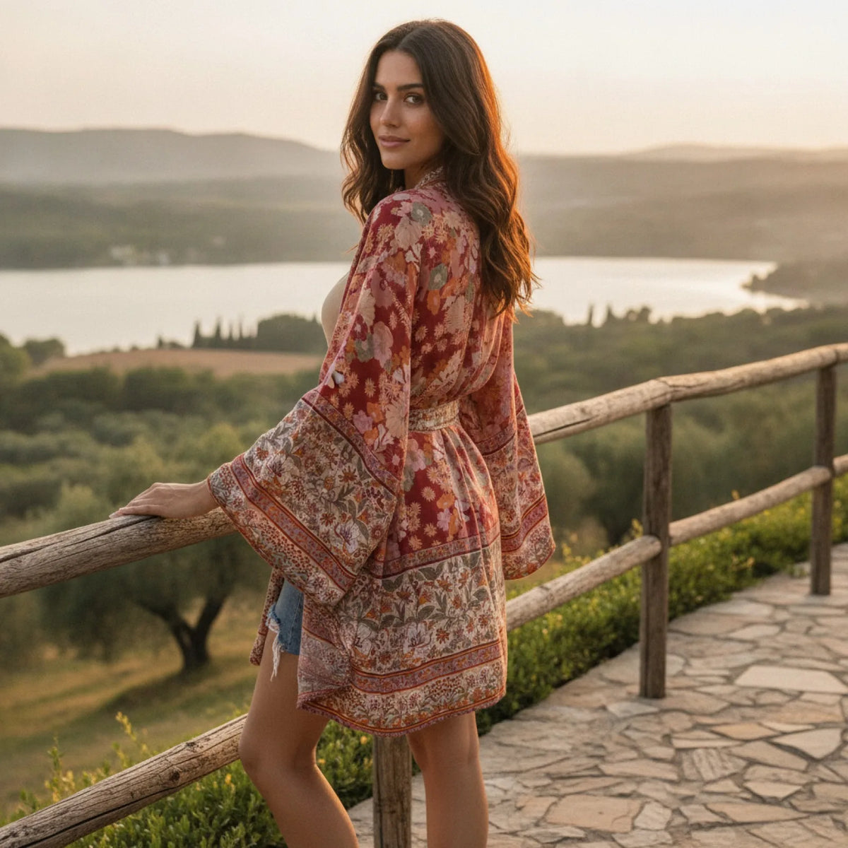 Kimono Bohème Floral Rouge Vintage