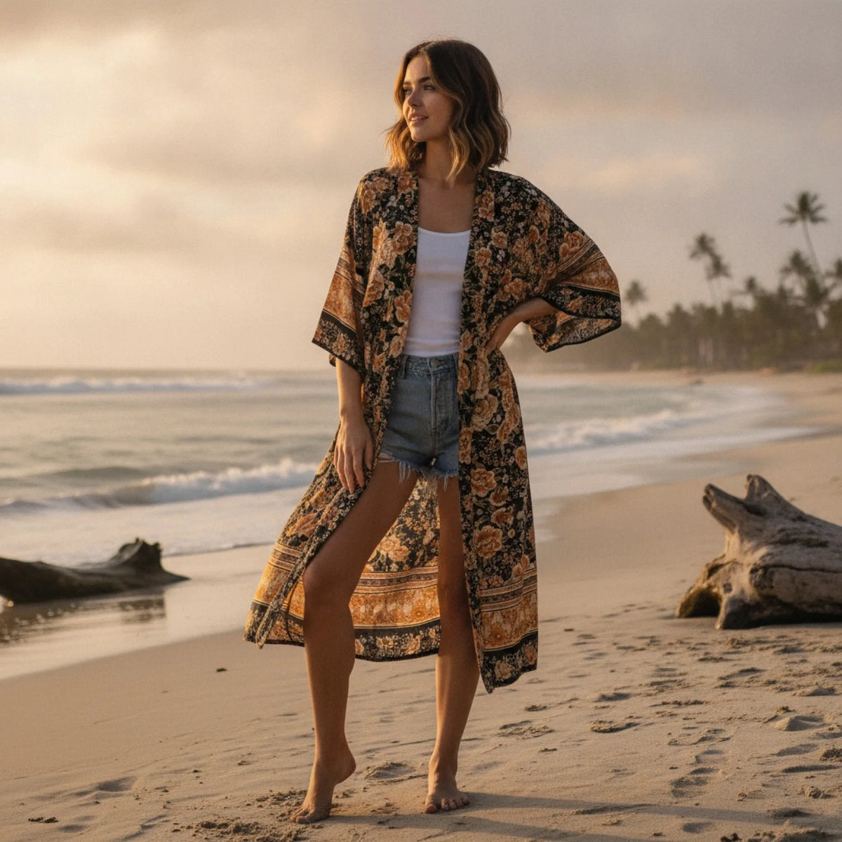 Kimono Bohème Chic Imprimé Floral Noir