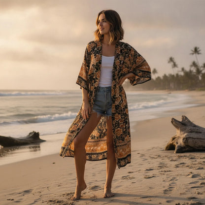 Kimono Bohème Chic Imprimé Floral Noir