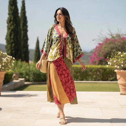 Ensemble Bohème Chic Floral Kimono & Jupe Mi-Longue