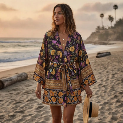Robe Kimono Bohème Fleurie Pompons