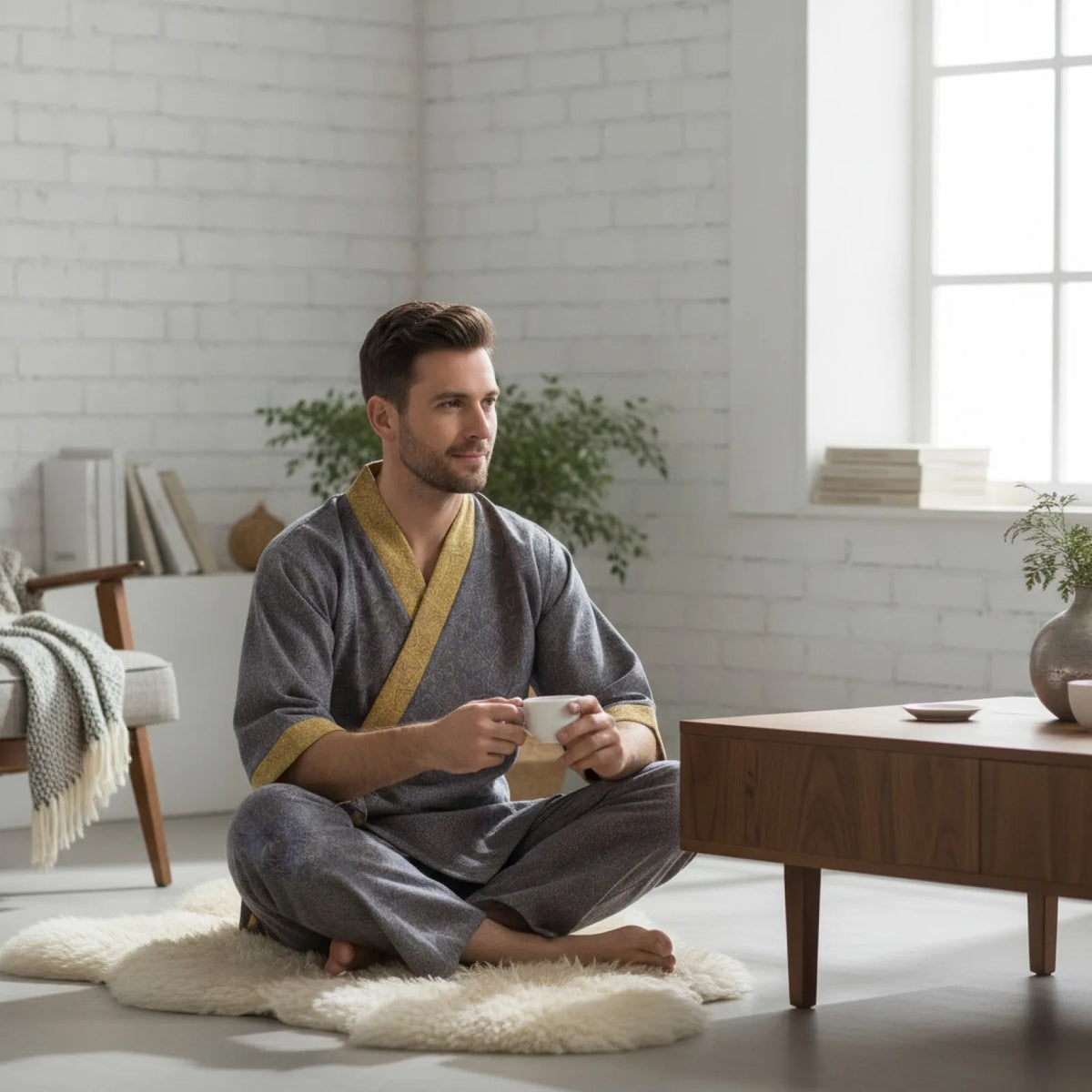 Pyjama Homme Kimono Coton Imprimé Rétro
