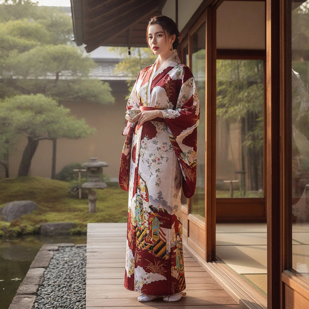 Robe Kimono Yukata Japonaise Bordeaux Fleurs