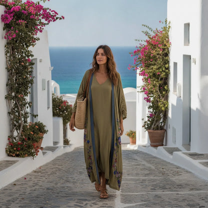 Kimono Bohème Chic Brodé Vert Armée