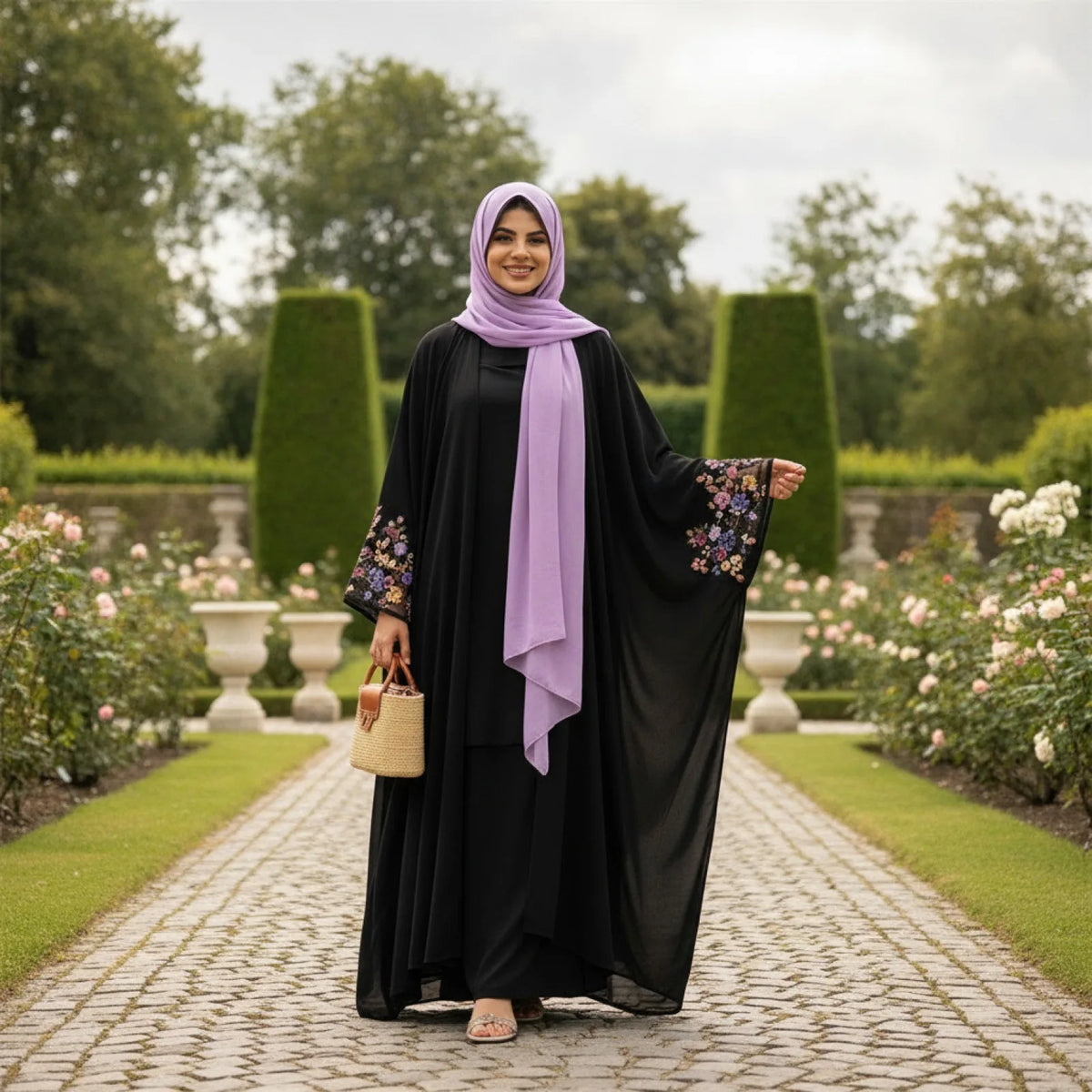 Abaya Kimono Longue Broderie Florale Pailletée