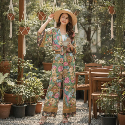 Ensemble Bohème Chic Kimono Fleuri & Pantalon Large