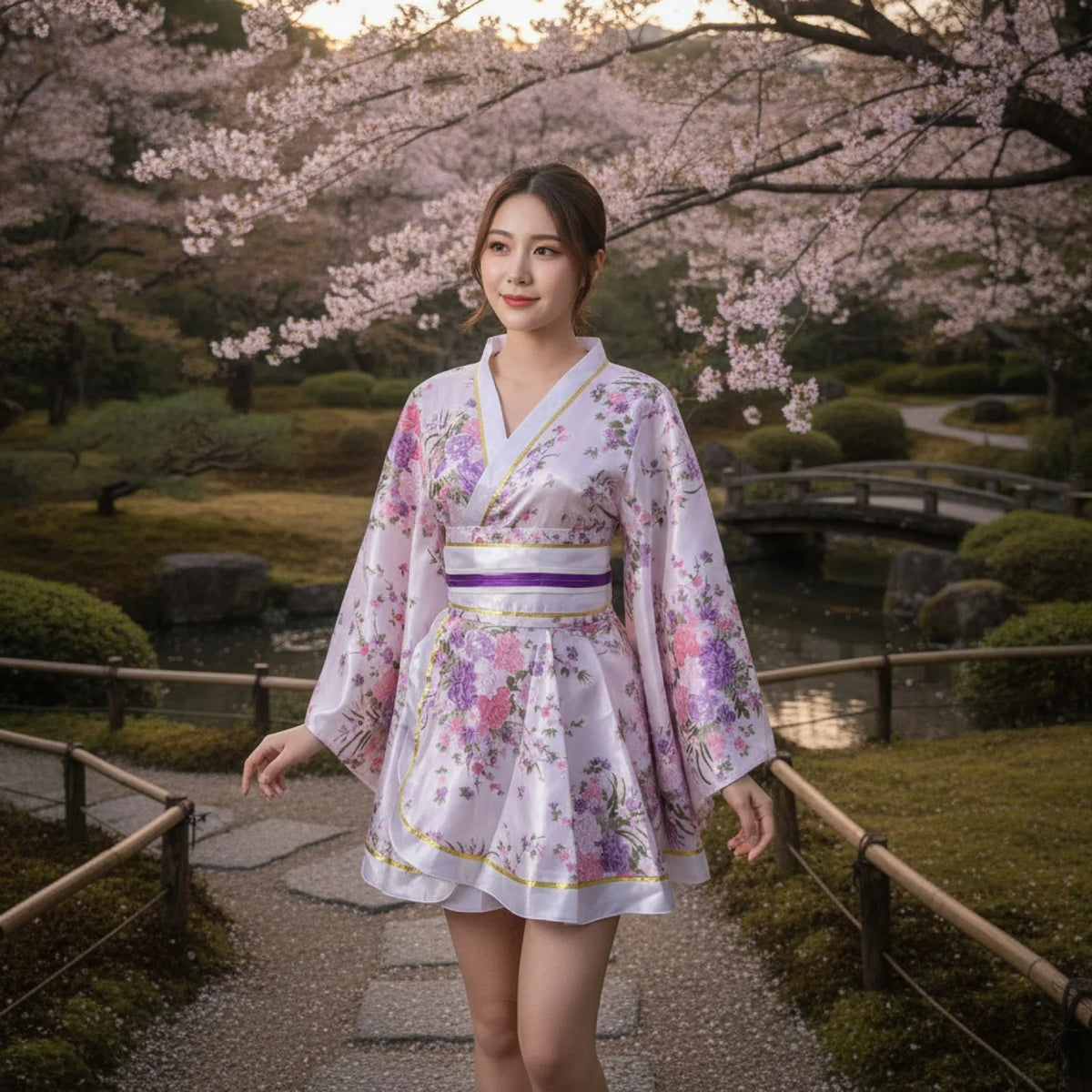 Kimono Court Japonais Imprimé Scène