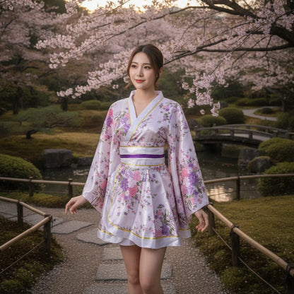 Kimono Court Japonais Imprimé Scène