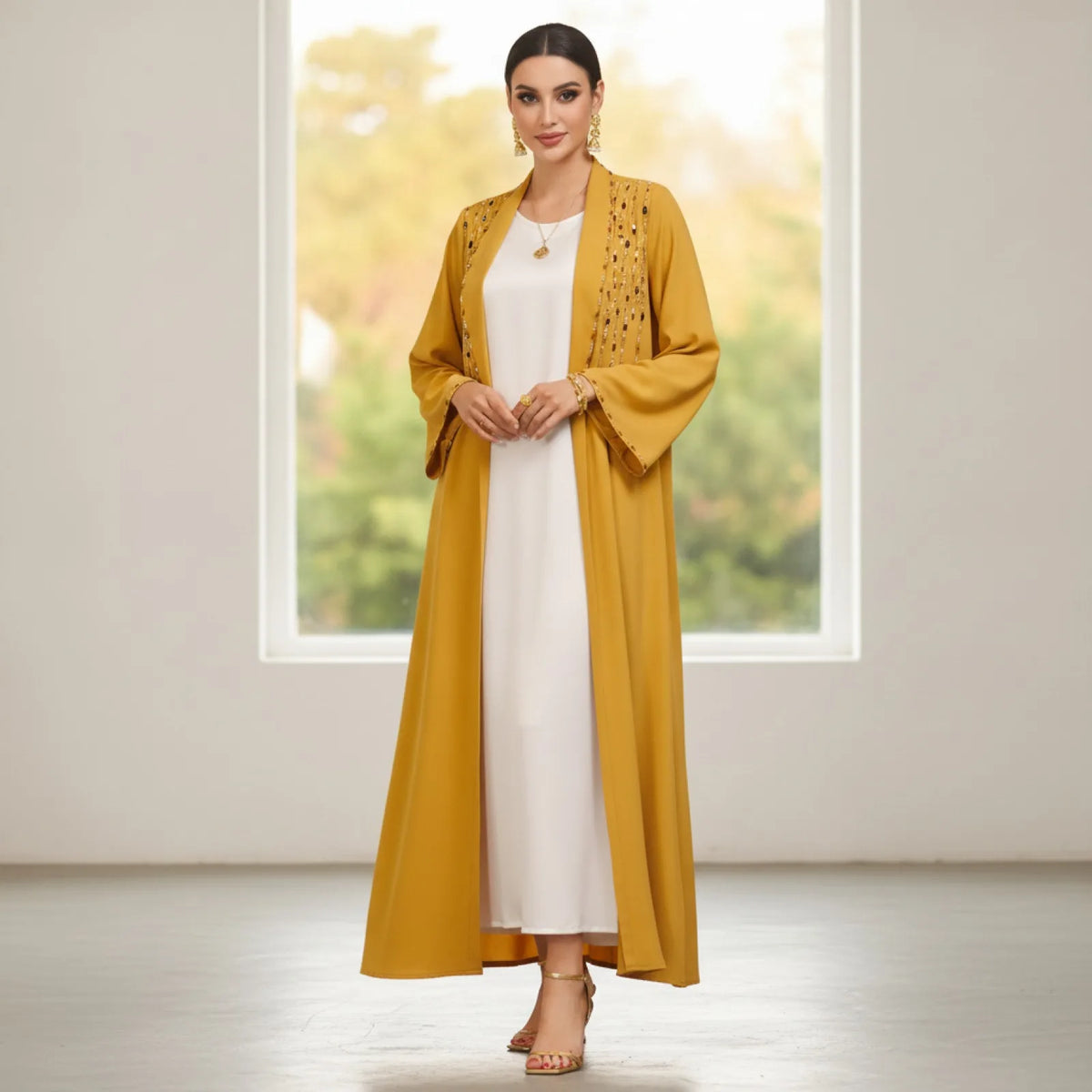 Abaya Kimono Dubaï Perlée et Strassée Jaune