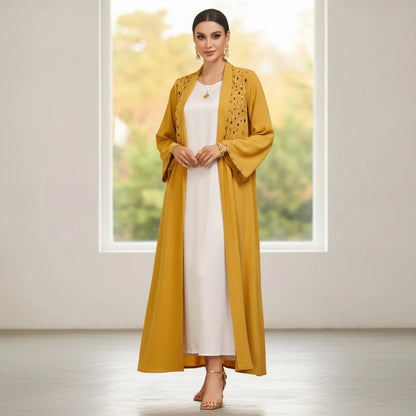 Abaya Kimono Dubaï Perlée et Strassée Jaune