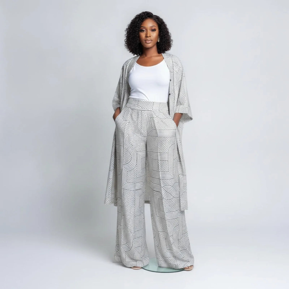 Ensemble 2 pièces femme : Blouse Kimono & Pantalon Large Gris Clair
