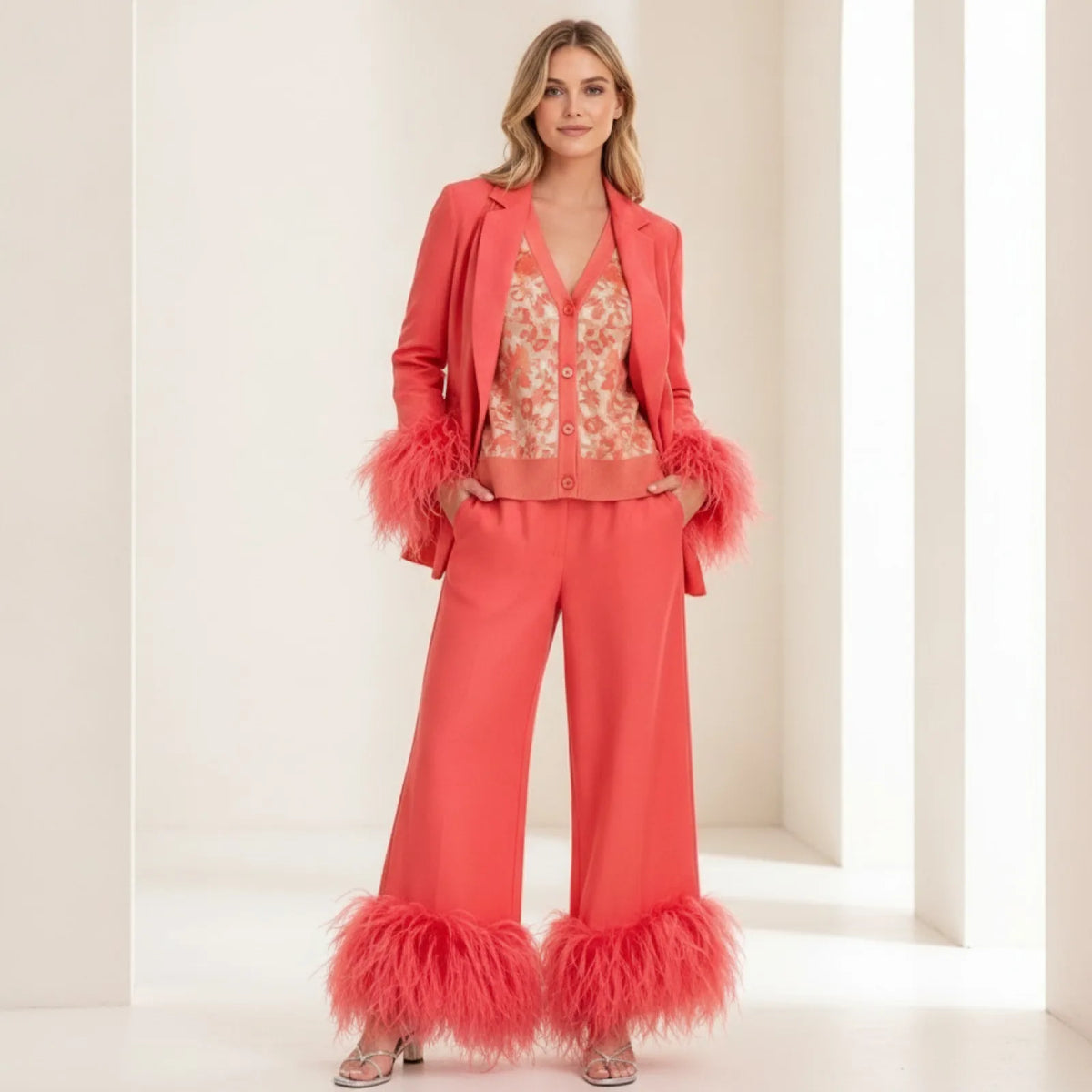 Ensemble 3 Pièces Chic : Kimono, Cardigan Jacquard & Pantalon
