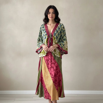 Ensemble Bohème Chic Floral Kimono & Jupe Mi-Longue