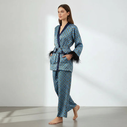 Ensemble Kimono Floral Bleu & Pantalon Large Vintage