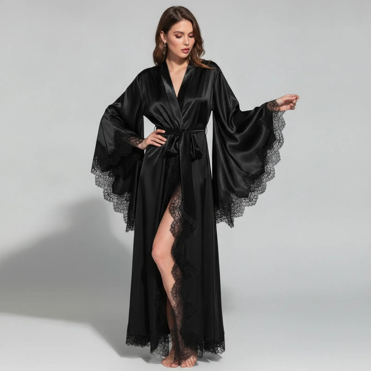 Robe Kimono Longue Satin Soie & Dentelle