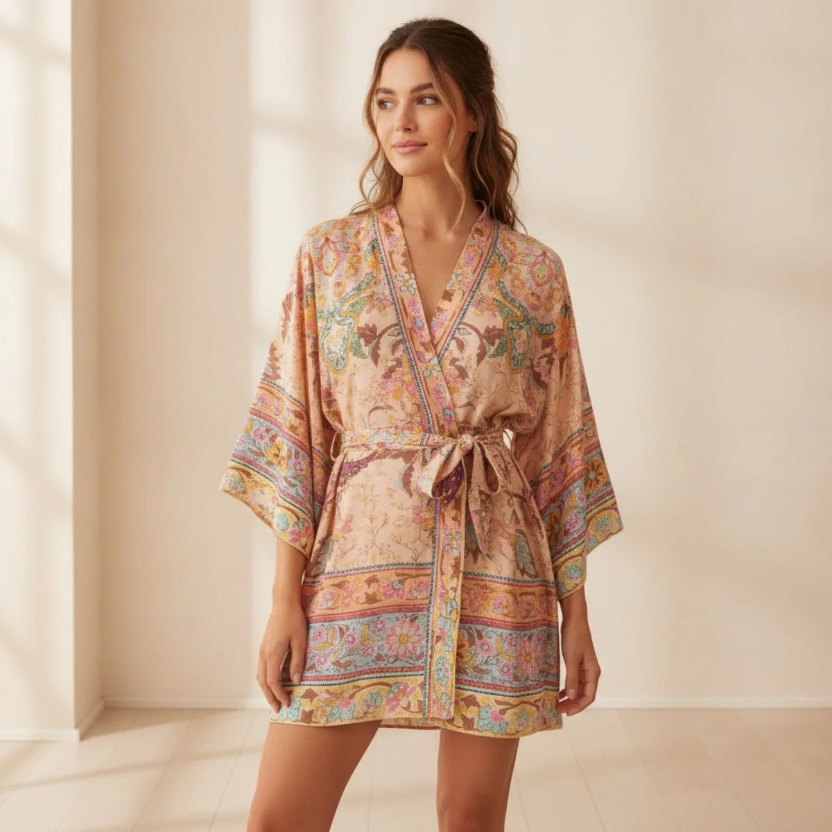 Kimono Bohème Paon Floral Vintage