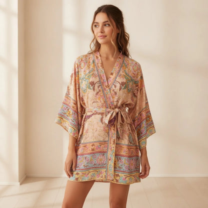 Kimono Bohème Paon Floral Vintage