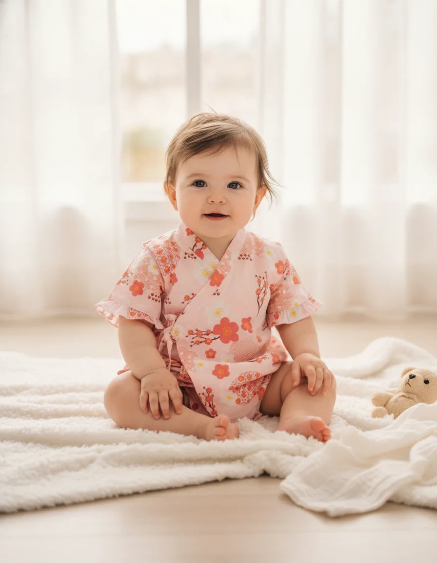 Kimono Bébé Fille Fleur - Barboteuse Style Japonais