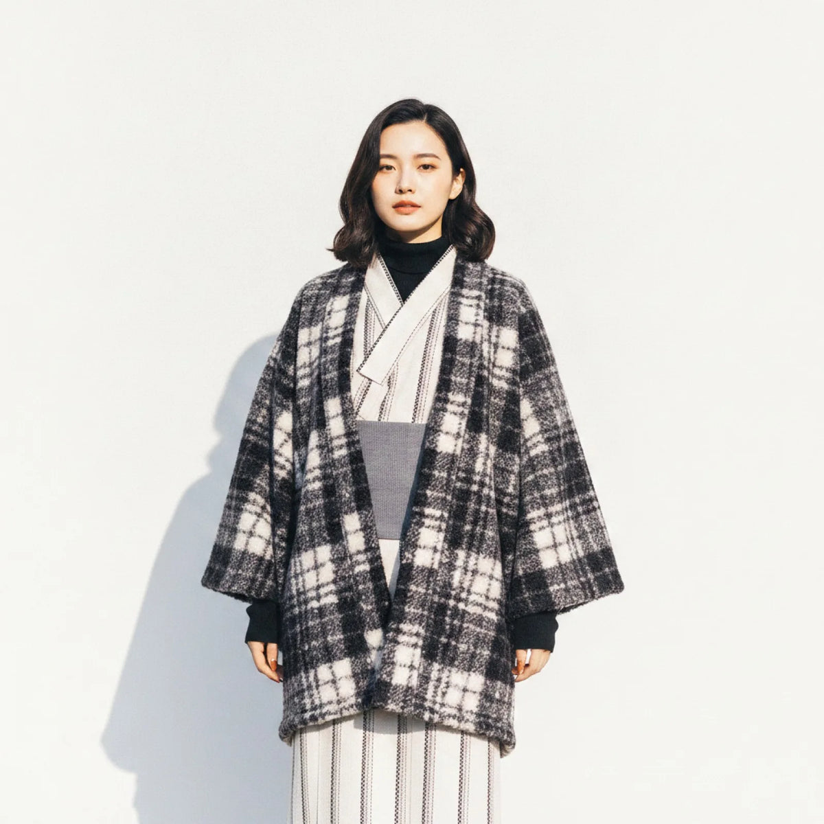 Kimono Haori Hiver Carreaux Fausse Fourrure