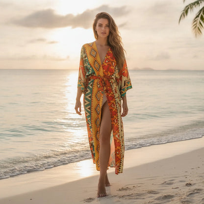 Kimono Long Bohème Imprimé - Chic & Confort Plage