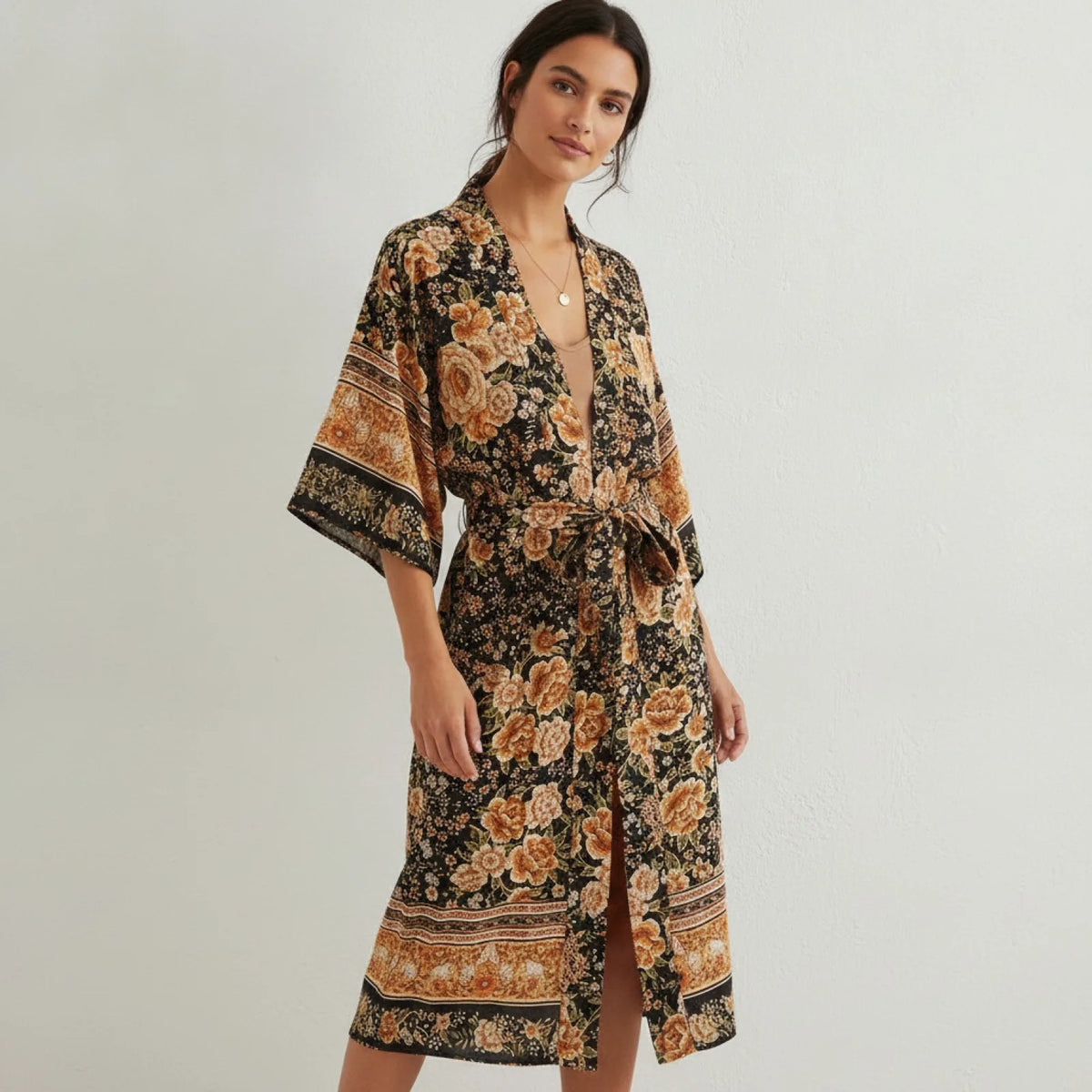 Kimono Bohème Chic Imprimé Floral Noir