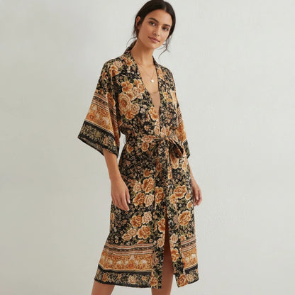 Kimono Bohème Chic Imprimé Floral Noir