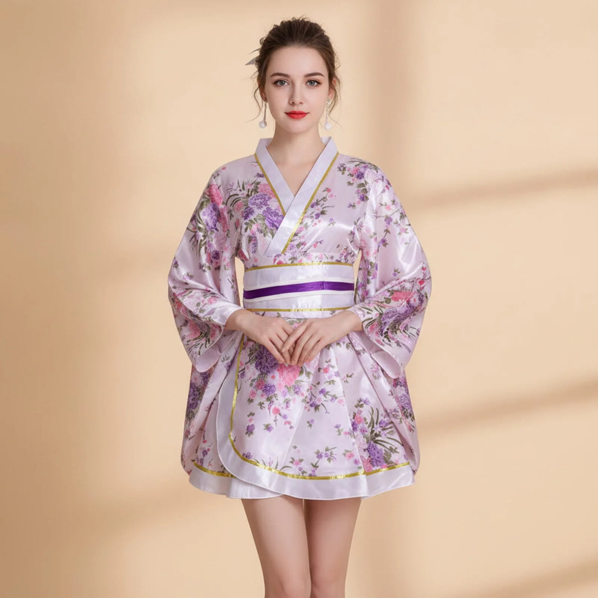 Kimono Court Japonais Imprimé Scène