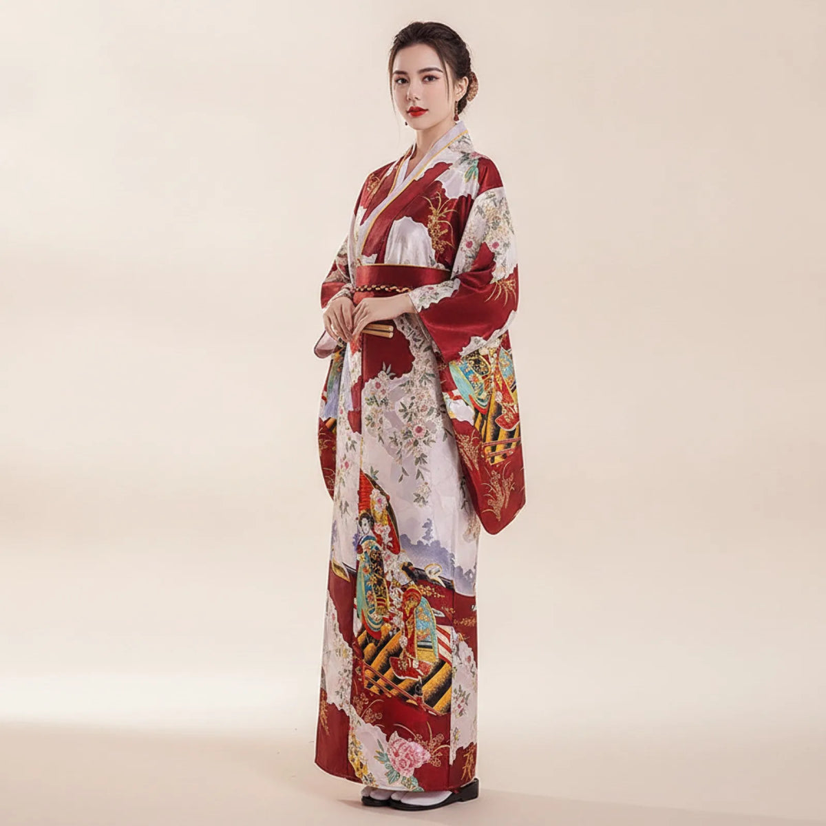 Robe Kimono Yukata Japonaise Bordeaux Fleurs