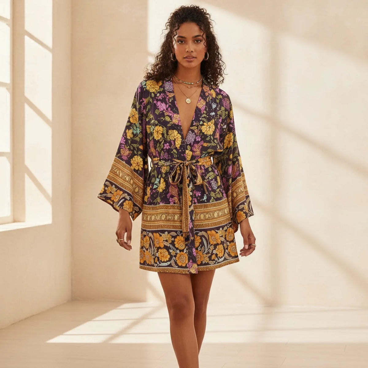 Robe Kimono Bohème Fleurie Pompons